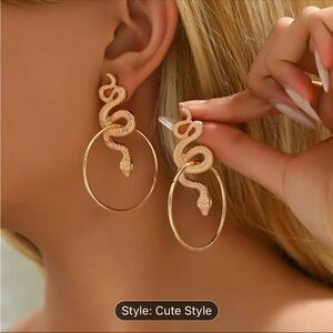 Snake earrings with hoop for pierced ears golden tone Halloween